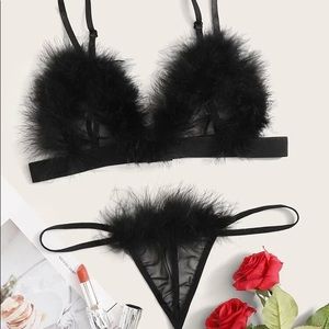 Mesh Lingerie Set w/ Faux Fur Trim